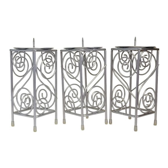 Silver‎ Tone Candle Holders Set of 3 Pillar 7" Scroll Ornate Metal Home Decor - Picture 1 of 7